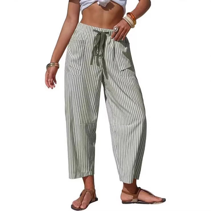 Pantalon Rayé Casual Coupe Ample