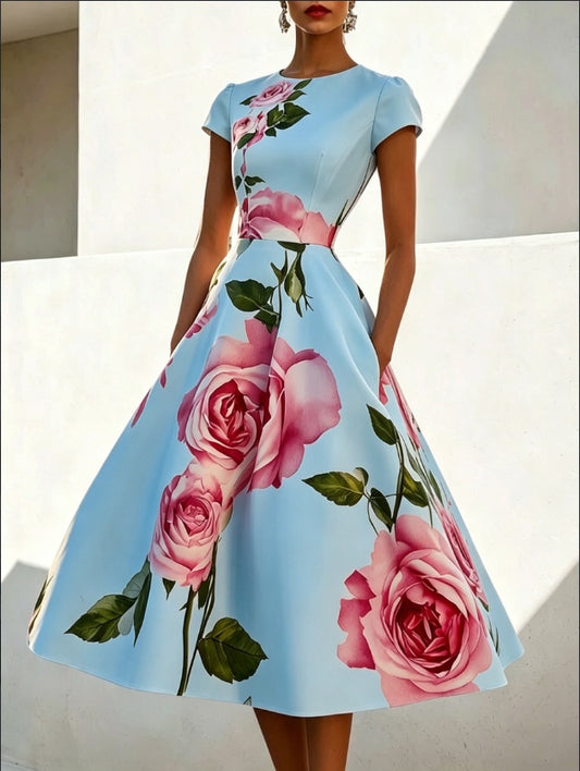 Light Blue Rose Print Fit & Flare Midi Dress