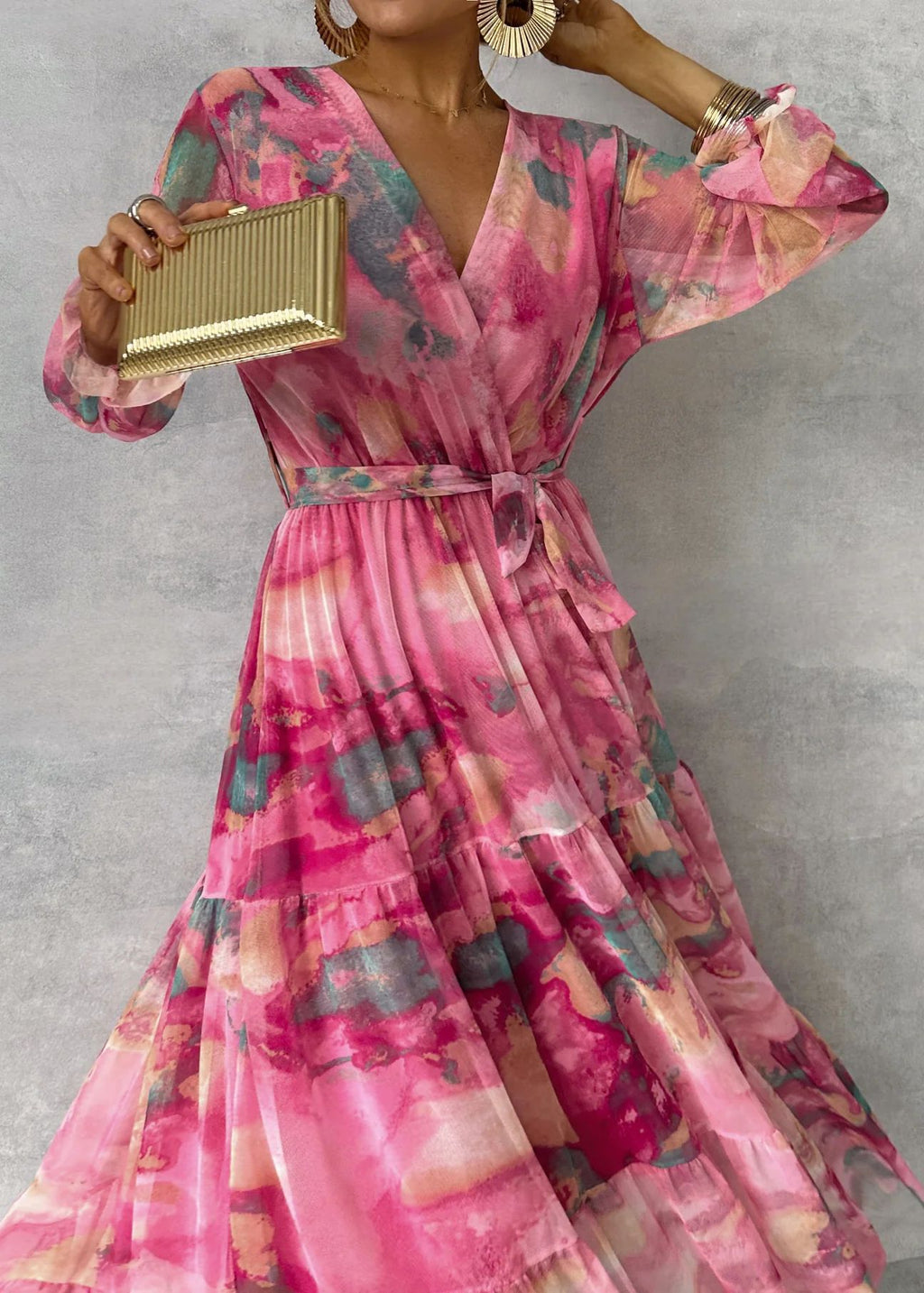 Robe Longue Chiffon Fleurie Col V - Style Élégant
