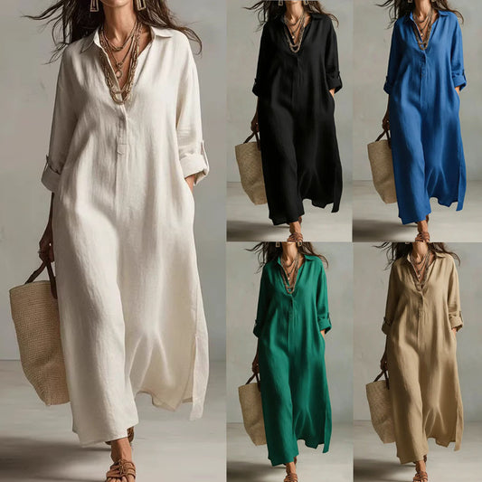 Robe Chemise Lin Casual Manches Longues Femme
