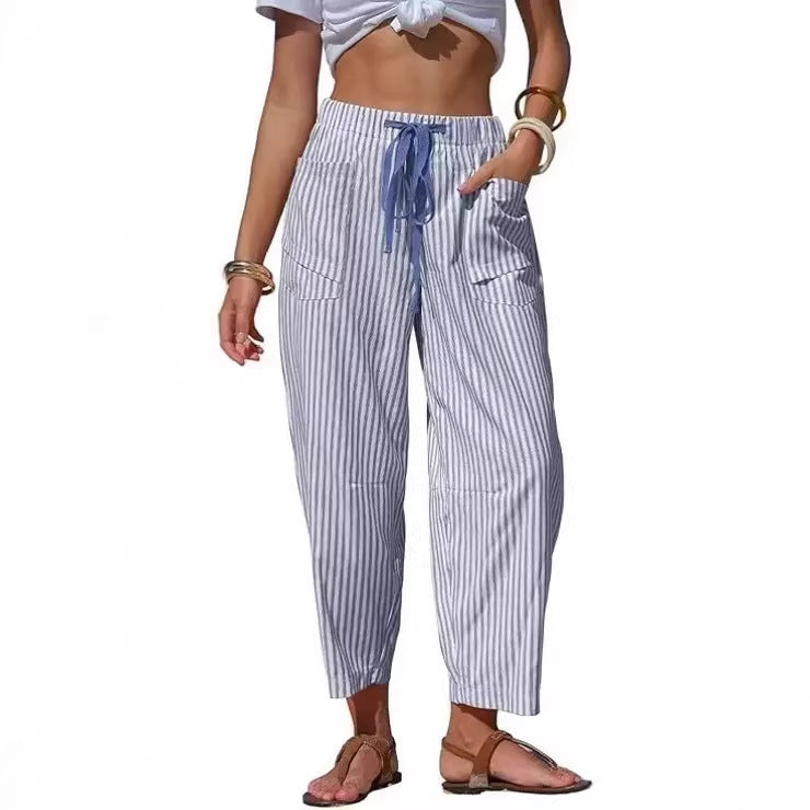 Pantalon Rayé Casual Coupe Ample