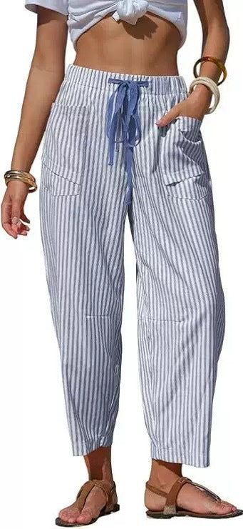 Pantalon Rayé Casual Coupe Ample