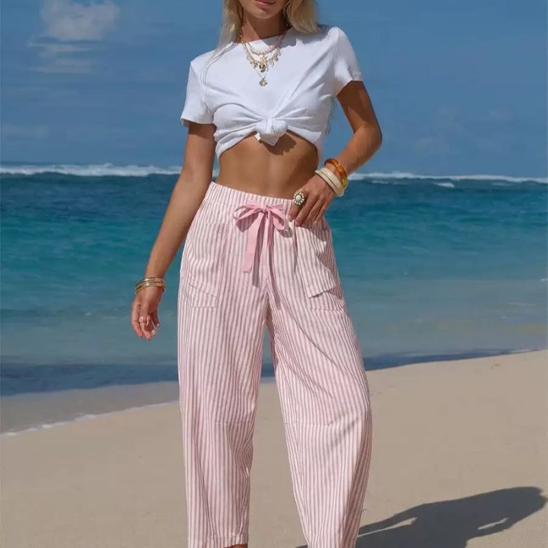 Pantalon Rayé Casual Coupe Ample