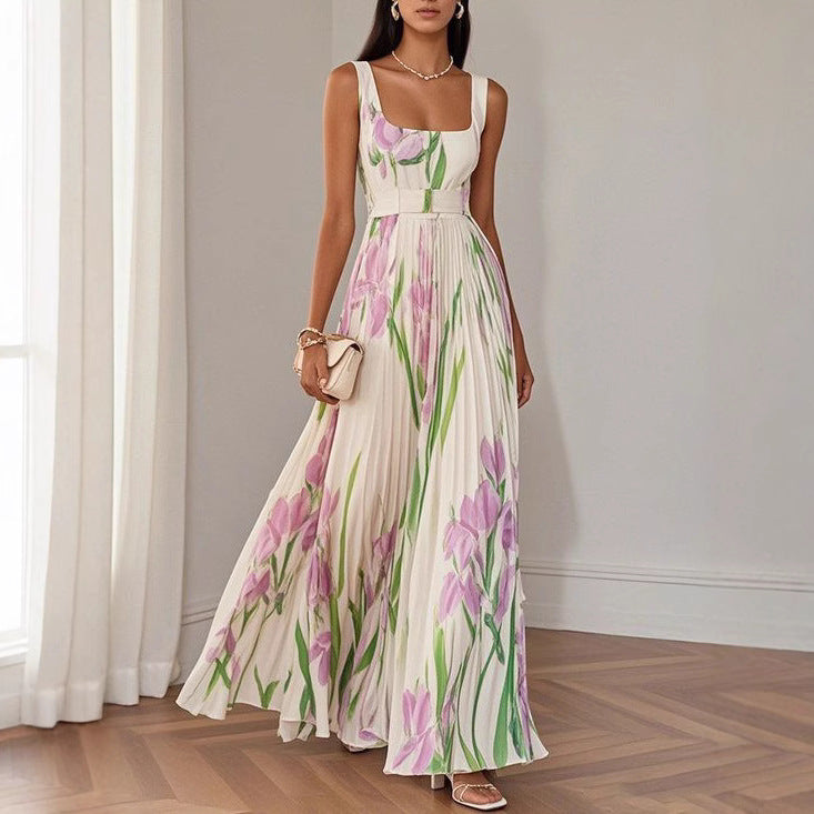 Robe Midi Plissée Sans Manches Fleurie Femme