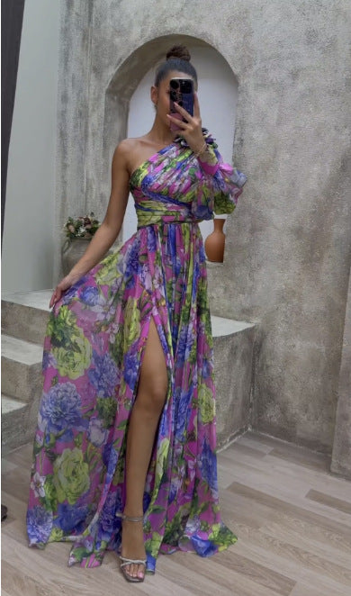 Robe Maxi Fleurie Épaule Dénudée - Style Plage