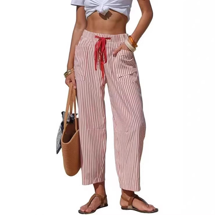 Pantalon Rayé Casual Coupe Ample