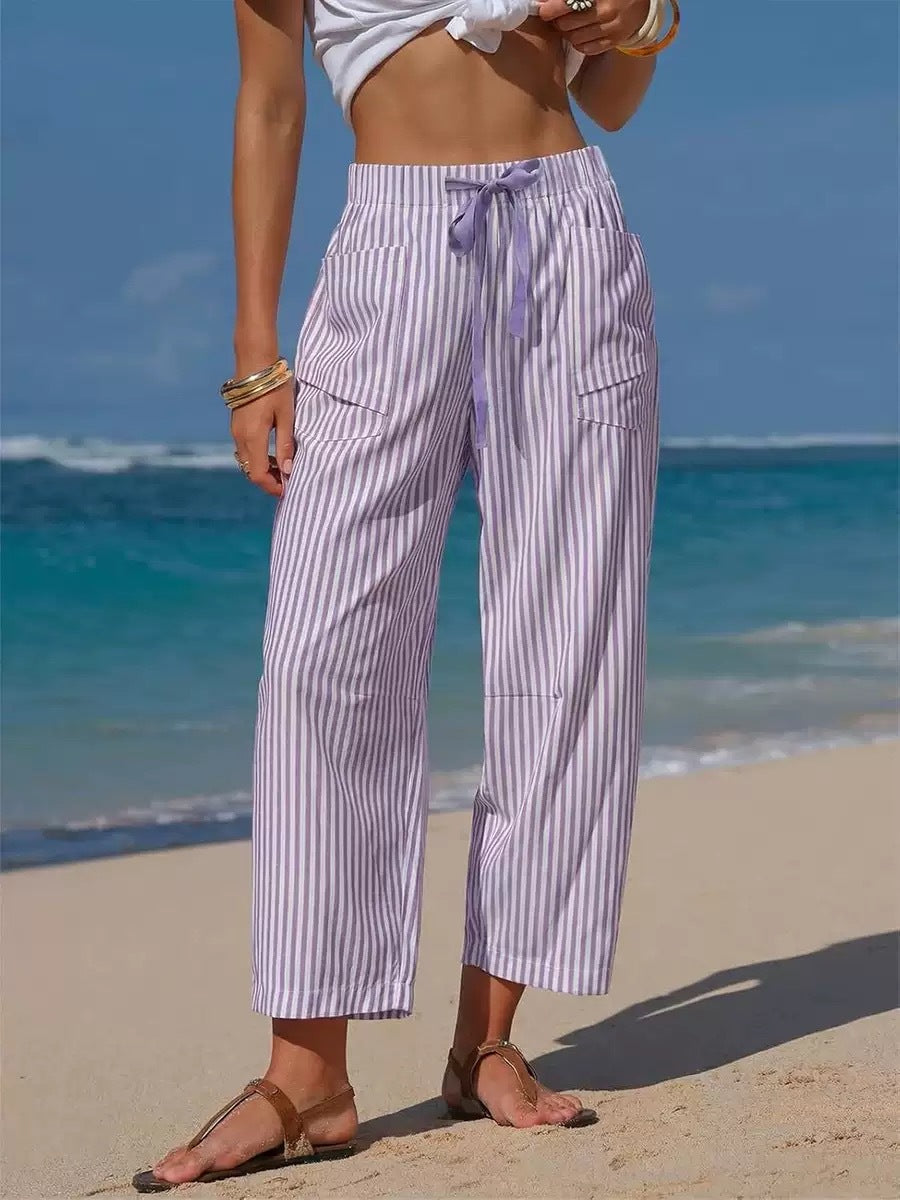 Pantalon Rayé Casual Coupe Ample