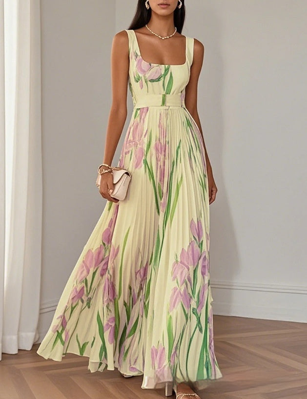 Robe Midi Plissée Sans Manches Fleurie Femme