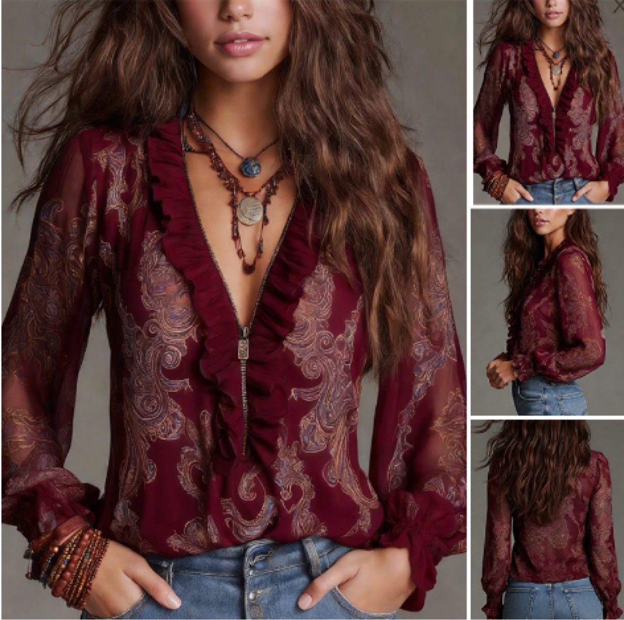 Blouse Chiffon Col V Profond Imprimé Paisley Femme