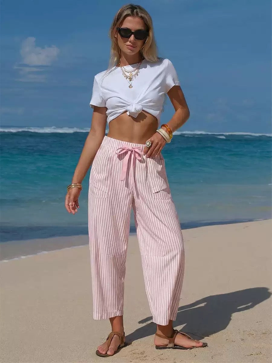 Pantalon Rayé Casual Coupe Ample