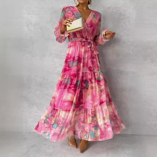 Robe Longue Chiffon Fleurie Col V - Style Élégant