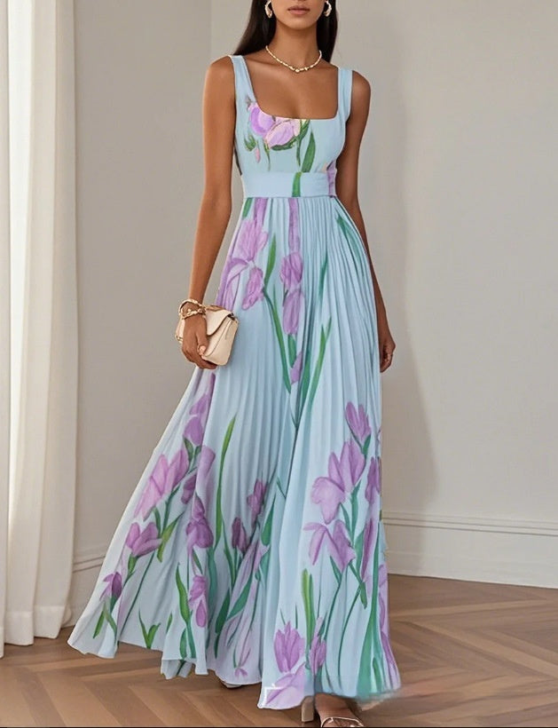 Robe Midi Plissée Sans Manches Fleurie Femme