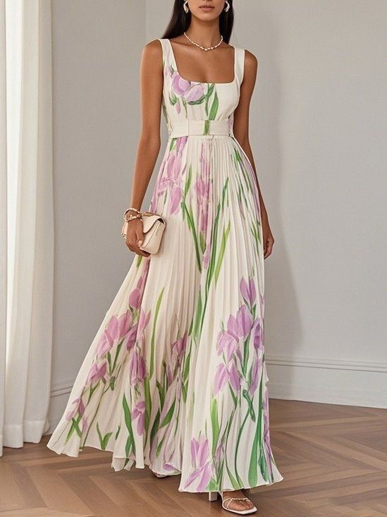 Robe Midi Plissée Sans Manches Fleurie Femme