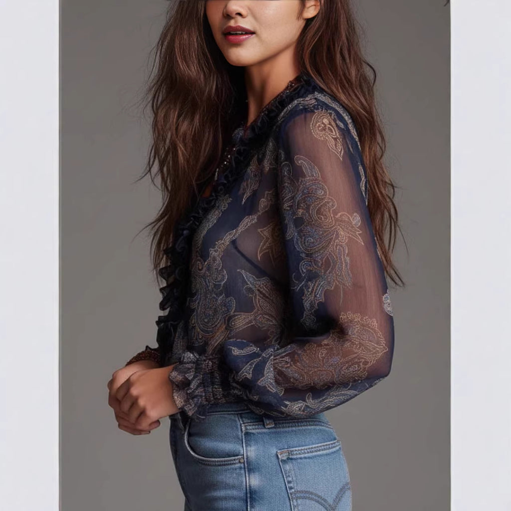 Blouse Chiffon Col V Profond Imprimé Paisley Femme