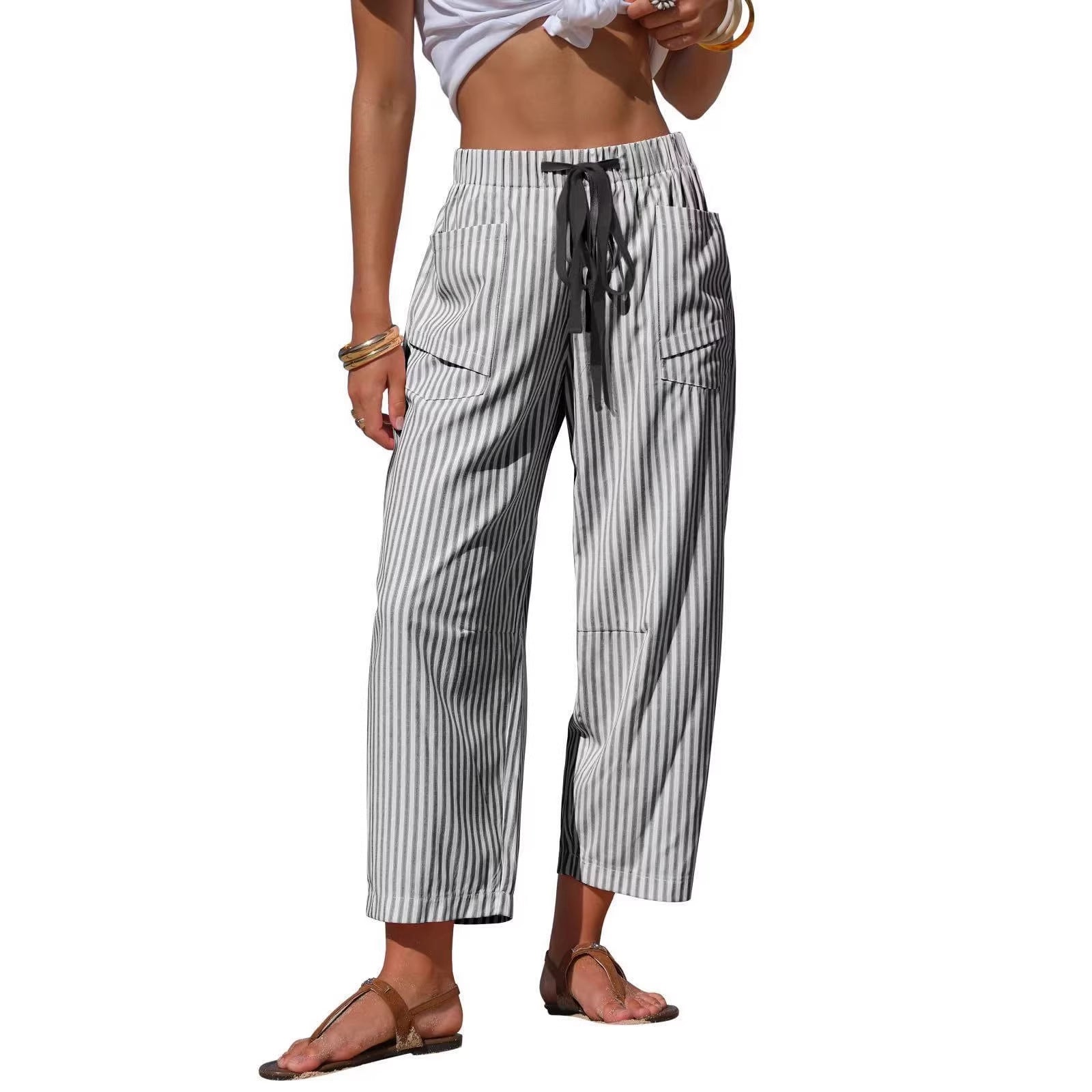 Pantalon Rayé Casual Coupe Ample