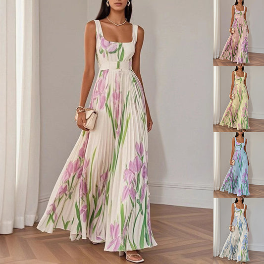 Robe Midi Plissée Sans Manches Fleurie Femme
