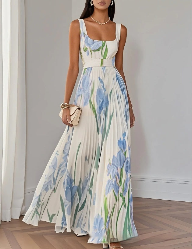Robe Midi Plissée Sans Manches Fleurie Femme