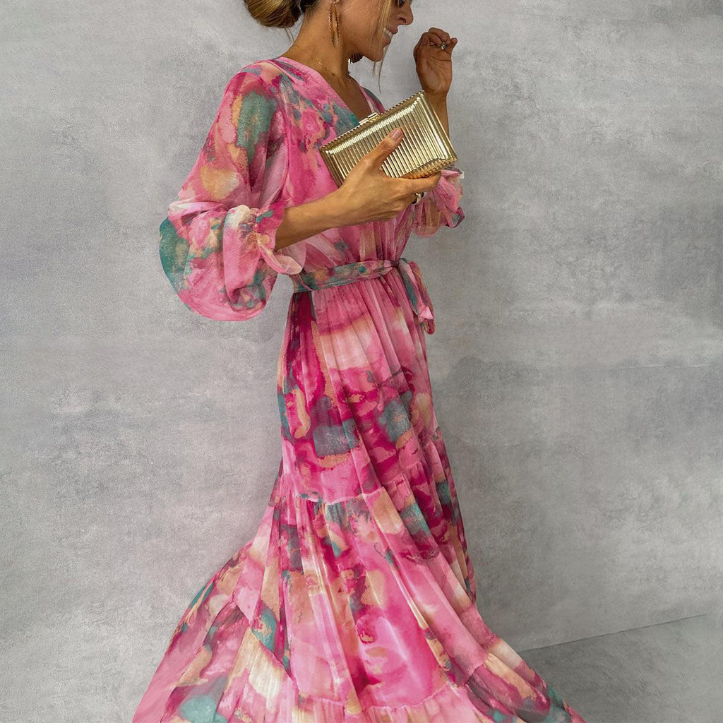 Robe Longue Chiffon Fleurie Col V - Style Élégant
