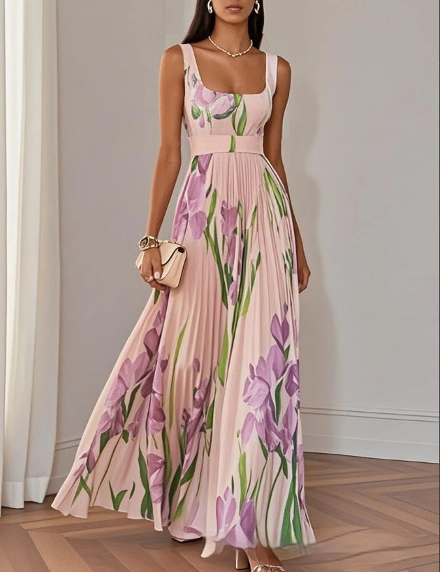 Robe Midi Plissée Sans Manches Fleurie Femme