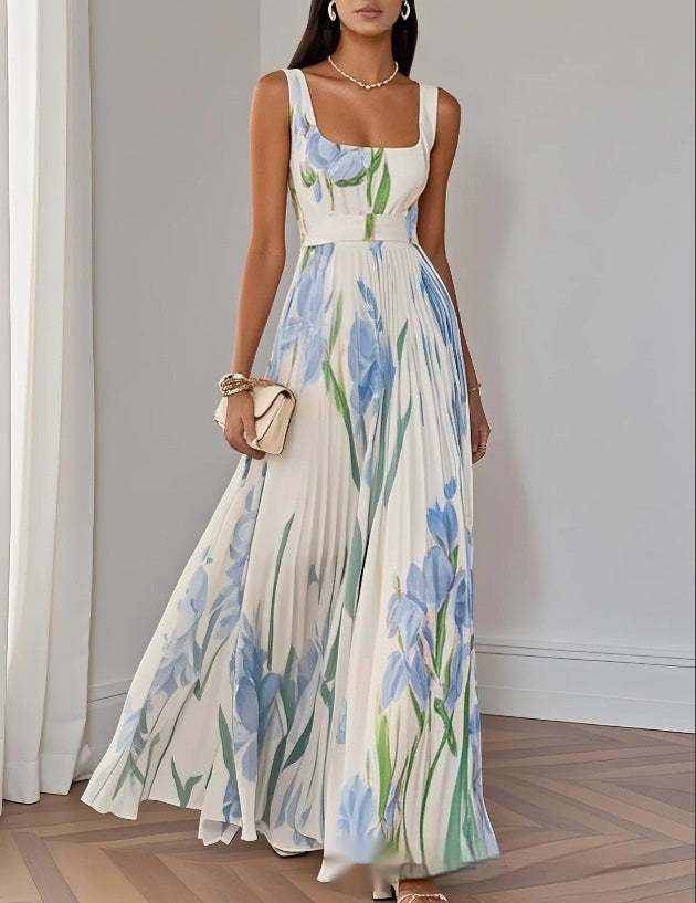 Robe Midi Plissée Sans Manches Fleurie Femme